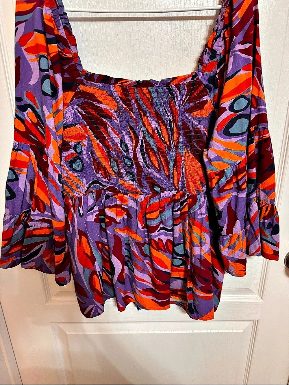 Terra & Sky Plus Size Bell Sleeve Smock Top Purple & Orange XL - Picture 2 of 4